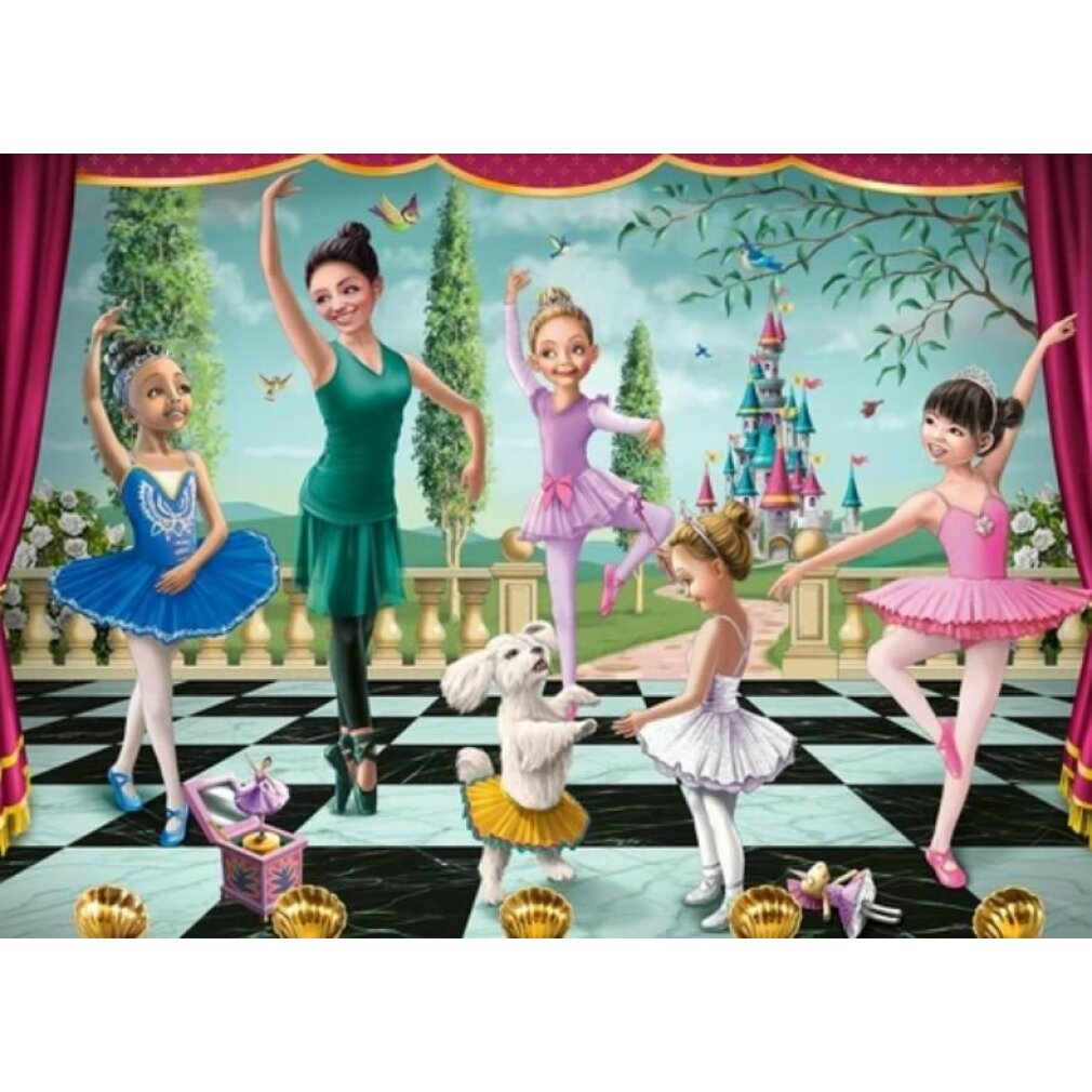 Cinque ballerine e un cane ballano su un pavimento a scacchi, con un castello sullo sfondo. Ognuna indossa abiti da balletto di diversi colori.