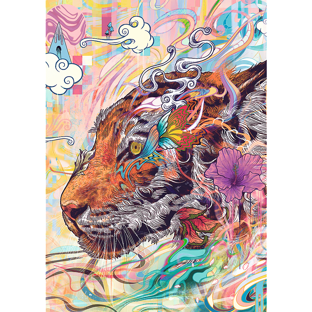 Eine farbenfrohe Illustration eines Tigerkopfes mit floralen und abstrakten Elementen. Eine lila Hibiskusblüte befindet sich in der Nähe des Tigerohrs.