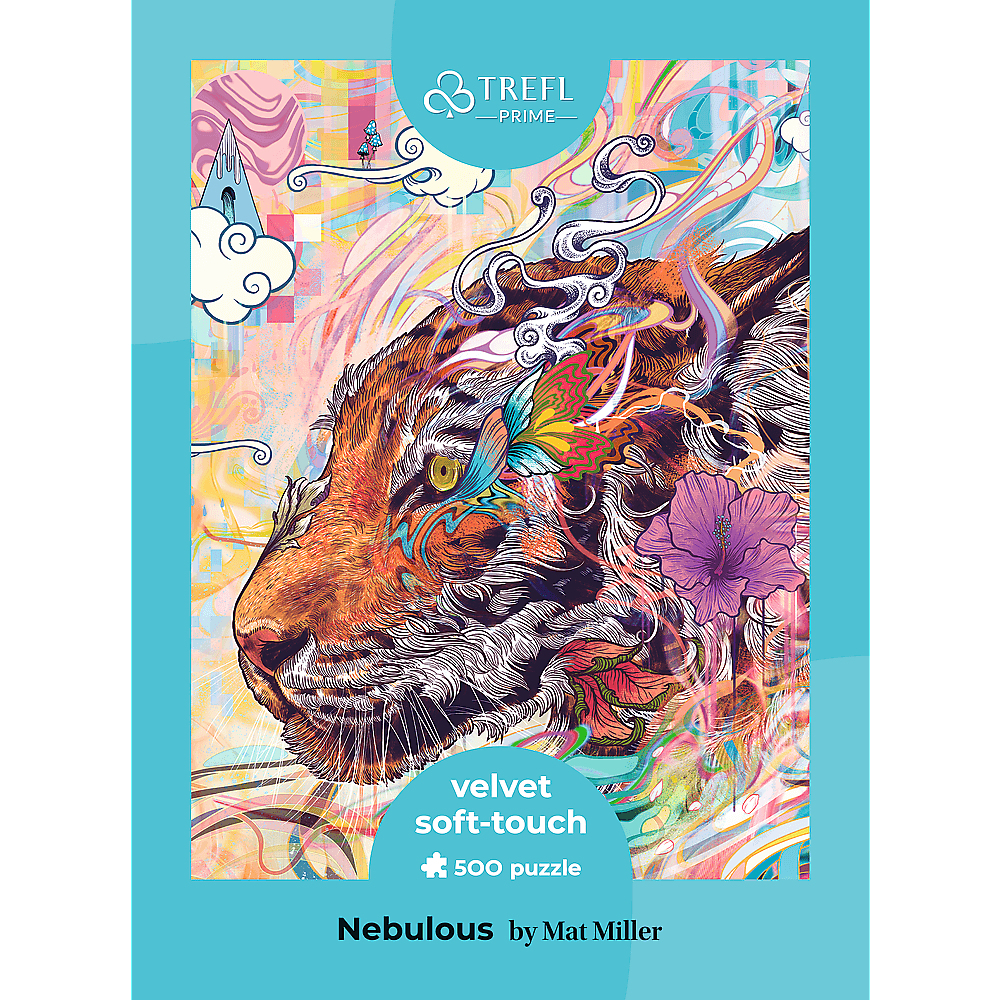 Puzzledose mit Tigergesicht, leuchtenden Farben, Blumen und Wirbeln. Der Text lautet 'Velvet soft-touch' und 'Nebulous by Mat Miller'.