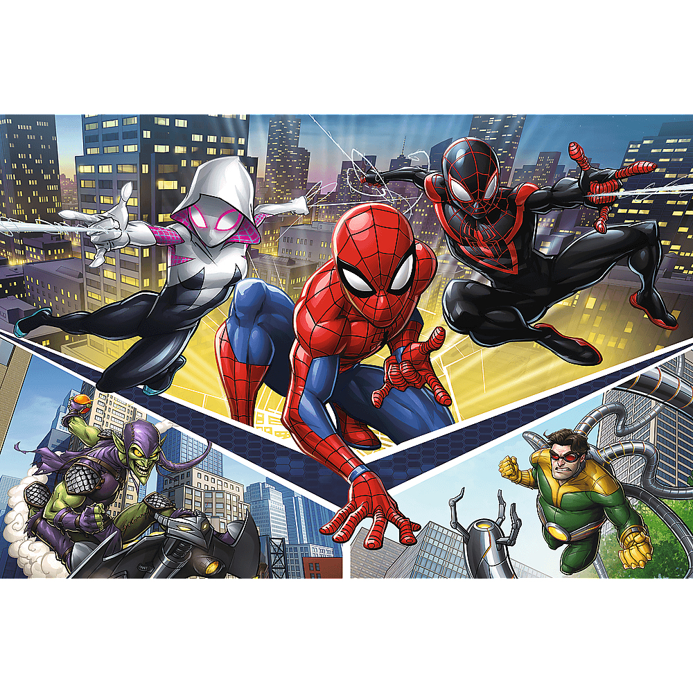 Comic-Illustration von Spider-Man, Spider-Gwen und Miles Morales in Action, mit Schurken im Vordergrund und einem Stadt-Hintergrund.