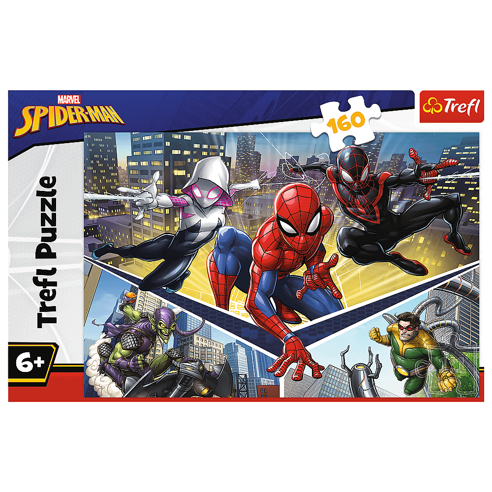Spider-Man-Puzzle. Enthält Spider-Man, Spider-Gwen, Miles Morales und Schurken. Stadt Hintergrund. Trefl Puzzle, 160 Teile.