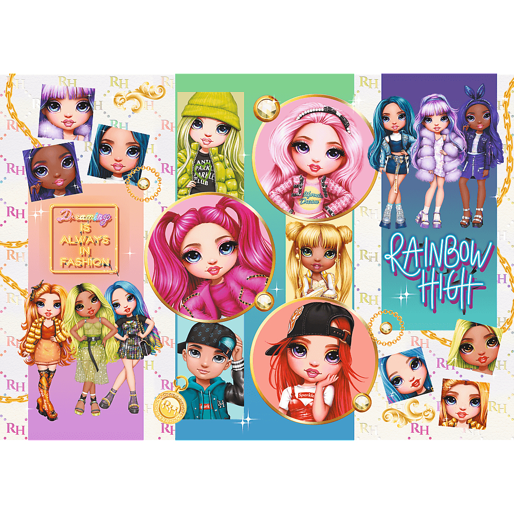 Kolaż lalek Rainbow High. Zawiera różne lalki w kołach i grupę. Tekst brzmi 'Dreaming is always in fashion'.