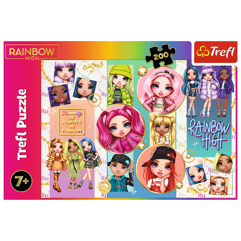 Puzzle Trefl Rainbow High. Zawiera wiele zdjęć lalek w okręgach i grupę lalek. Puzzle mają oznaczenie wieku 7+.