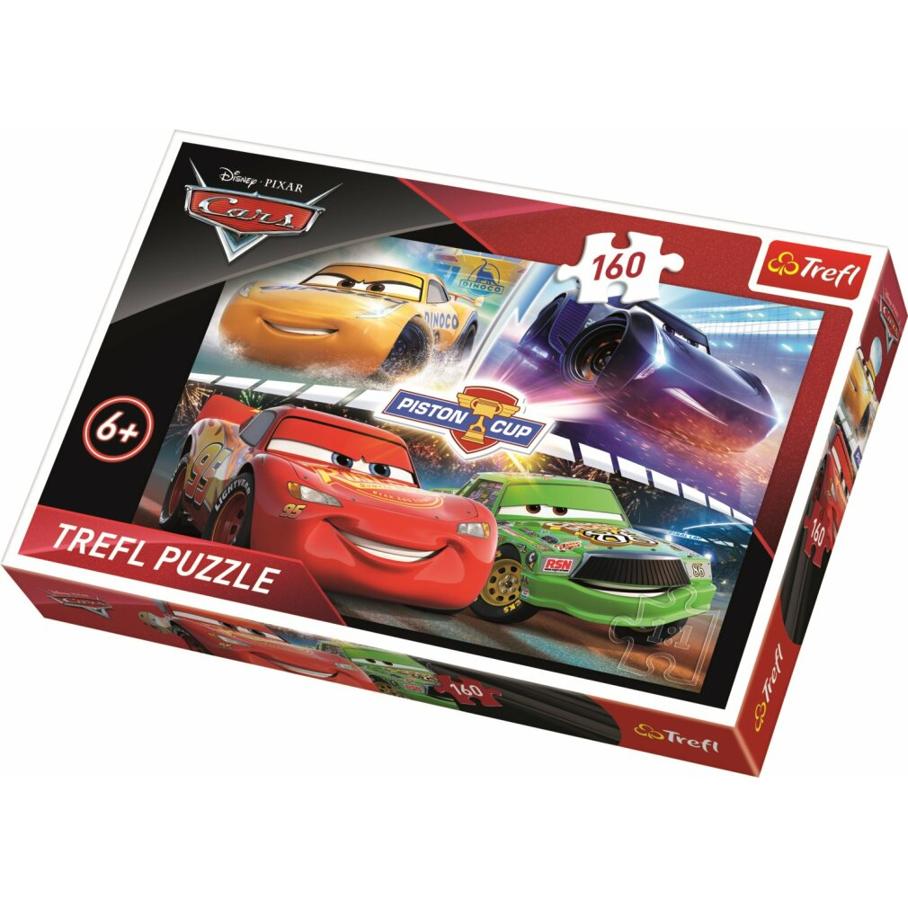 Una caja de rompecabezas Trefl con personajes de Disney Pixar Cars. Muestra a Rayo McQueen y otros coches con el logo de la Copa Pistón.