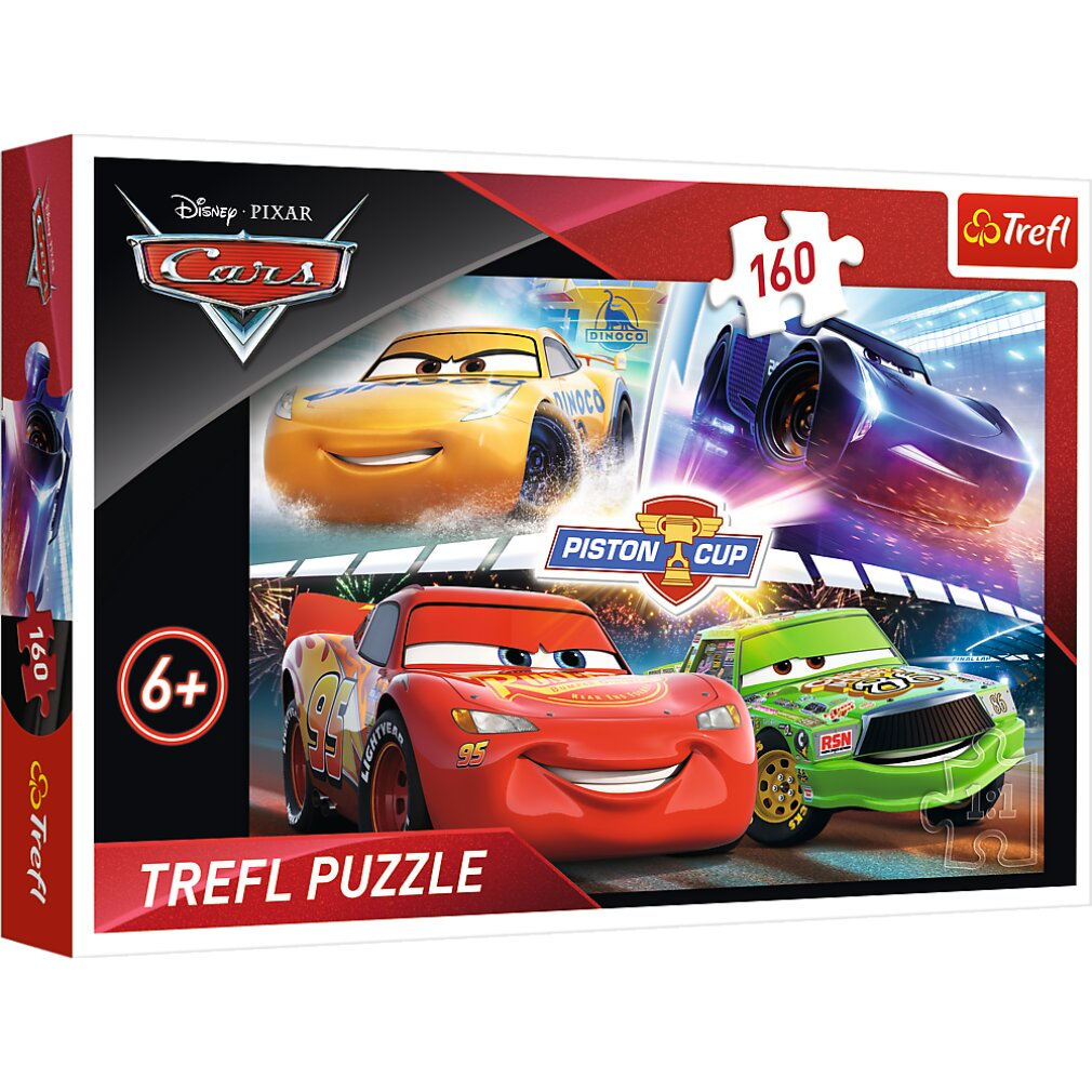 Una caja de rompecabezas Trefl con personajes de Cars. Muestra a Rayo McQueen y otros coches de carreras. La caja dice 6+ y 160 piezas.