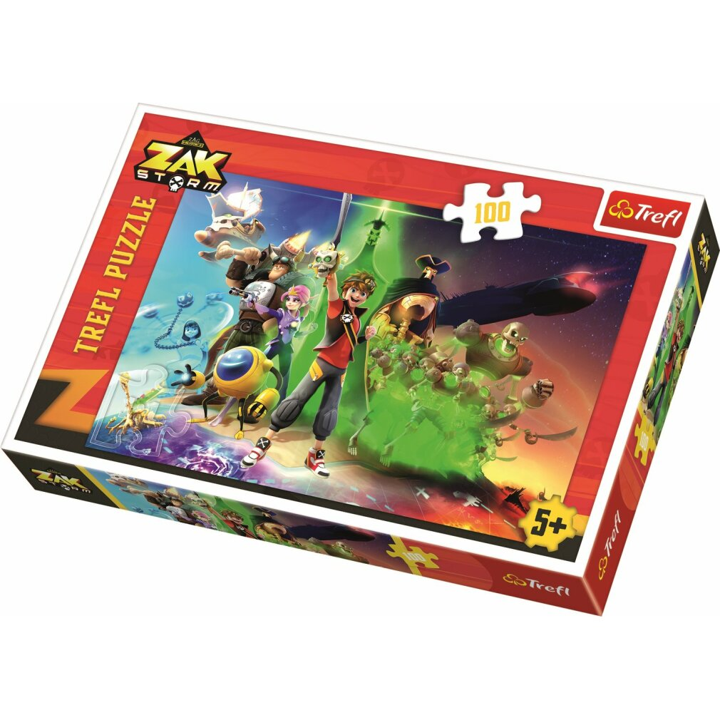Puzzledose mit Zeichentrickfiguren. Zak Storm und seine Crew kämpfen gegen Monster. Rote und grüne Farben dominieren.