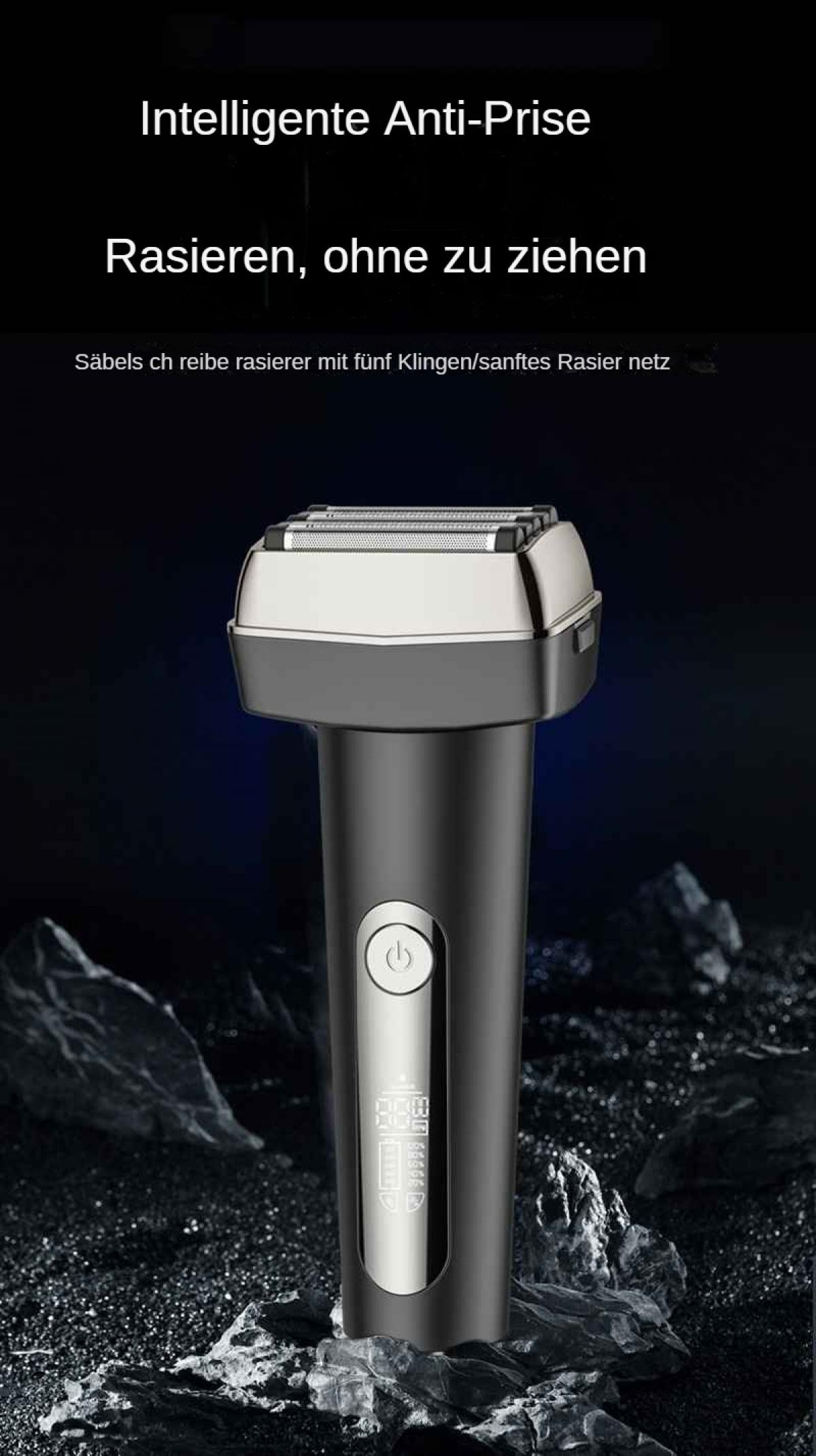 Nahaufnahme eines elektrischen Rasierers. Er ist schwarz und silber, mit einem Power-Knopf und einem LCD-Bildschirm. Der Hintergrund ist dunkel.