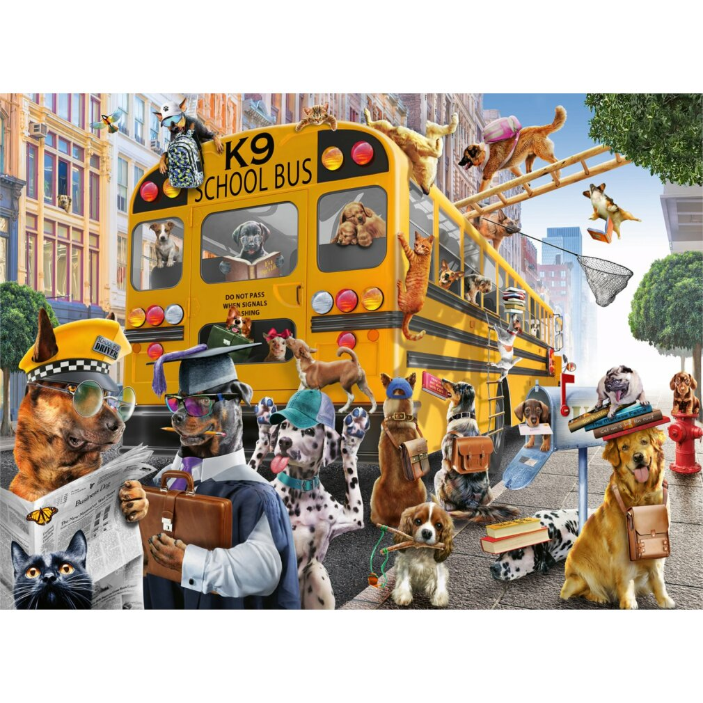 Un autobus scolastico giallo con la scritta K9, pieno di cani. Cani con cappelli, zaini, che leggono e salgono una scala. Sono presenti anche gatti.