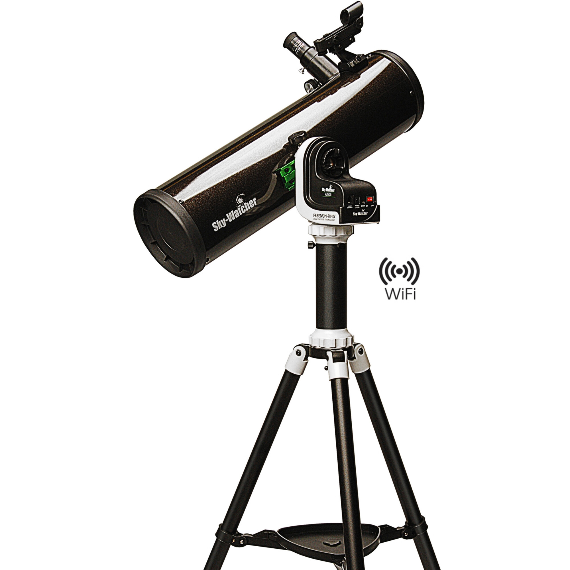 Ein Sky-Watcher-Teleskop auf einem Stativ. Es hat ein schwarzes Rohr und ein WiFi-Symbol.