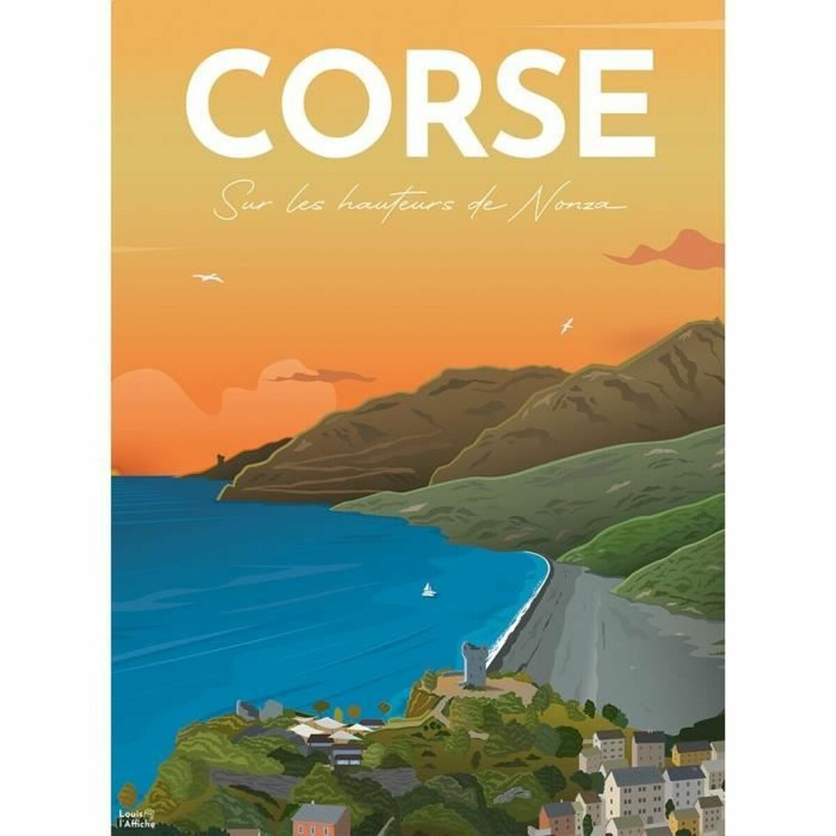 Poster von Korsika. Zeigt Meer, Berge und eine Stadt. Text 'Corse' in Weiß oben und 'Sur les hauteurs de Nonza' darunter.
