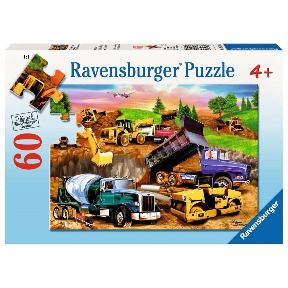 Scatola di puzzle con veicoli da costruzione. Camion, escavatori e una betoniera sono raffigurati in un cantiere con cielo blu.