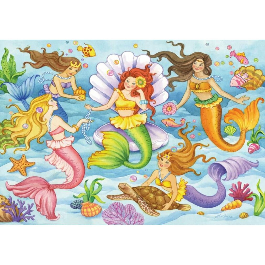 Illustrazione colorata di sirene che nuotano. Hanno diversi colori di capelli e coda. Sono presenti anche pesci e creature marine.