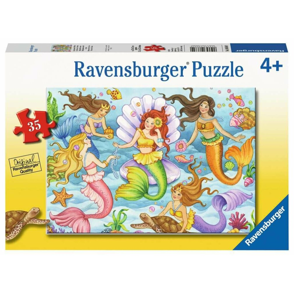 Scatola di puzzle con sirene. La scatola è bianca con il logo Ravensburger, un pezzo di puzzle e la fascia d'età 4+.