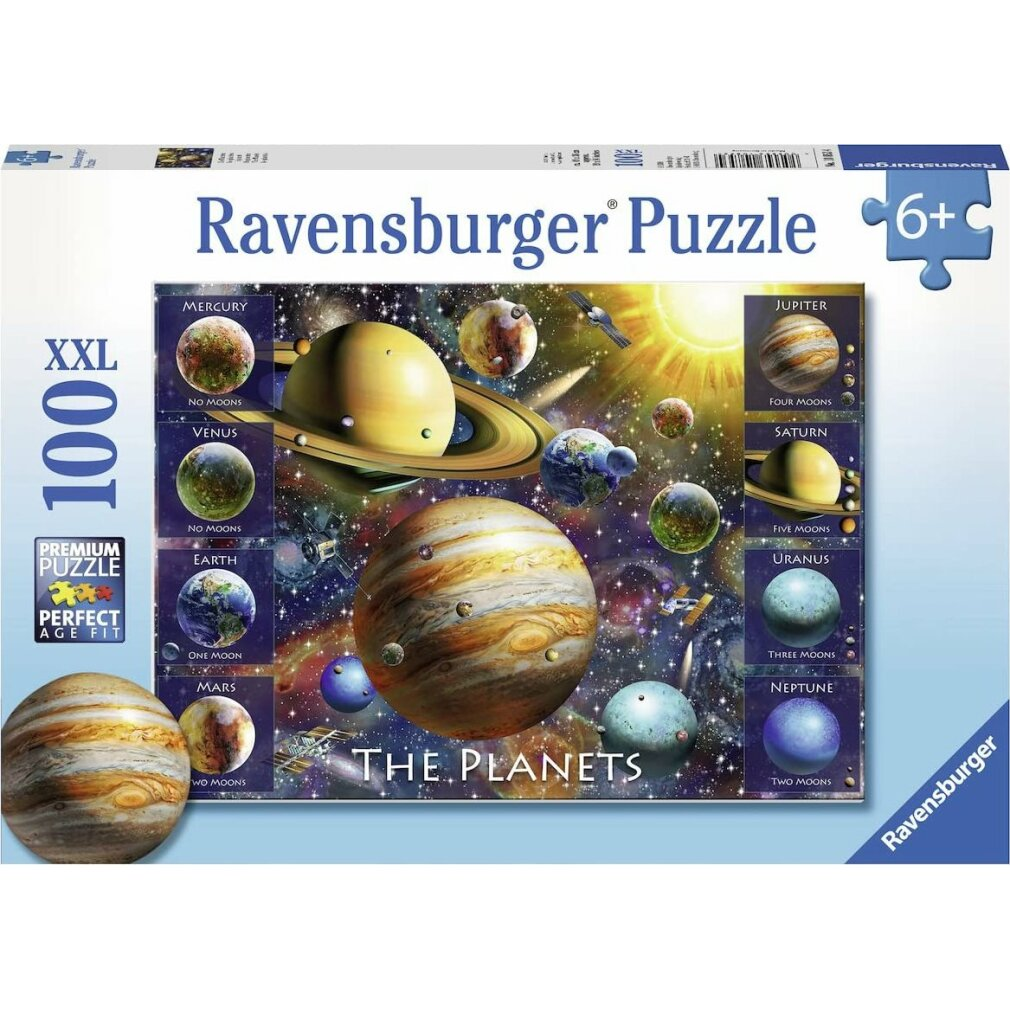 Una scatola di puzzle Ravensburger. Mostra un puzzle con pianeti tra cui Giove, Saturno, Urano e Nettuno, con il sole sullo sfondo.