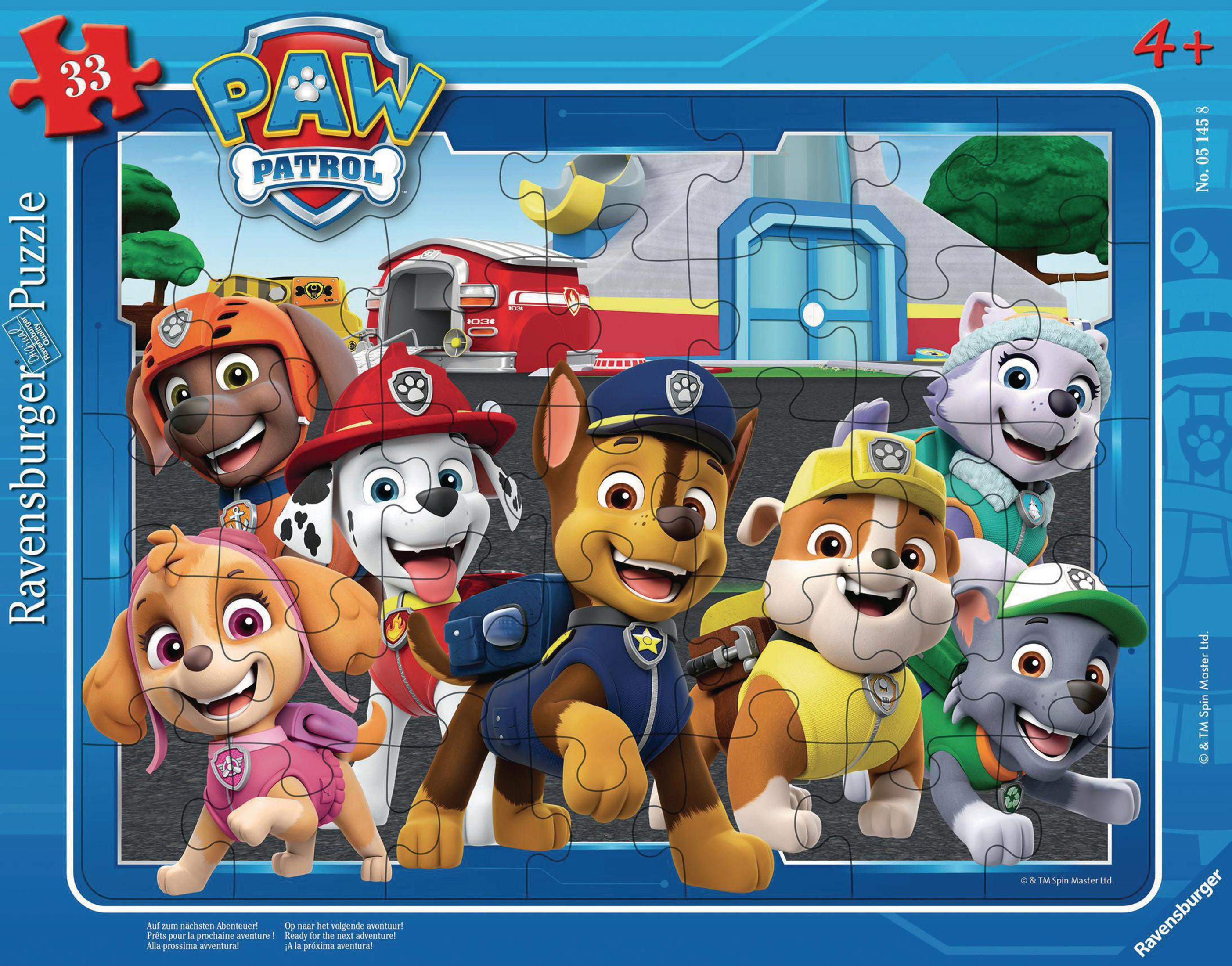 Een Paw Patrol puzzel toont de karakters, waaronder Chase en Skye, voor een gebouw.