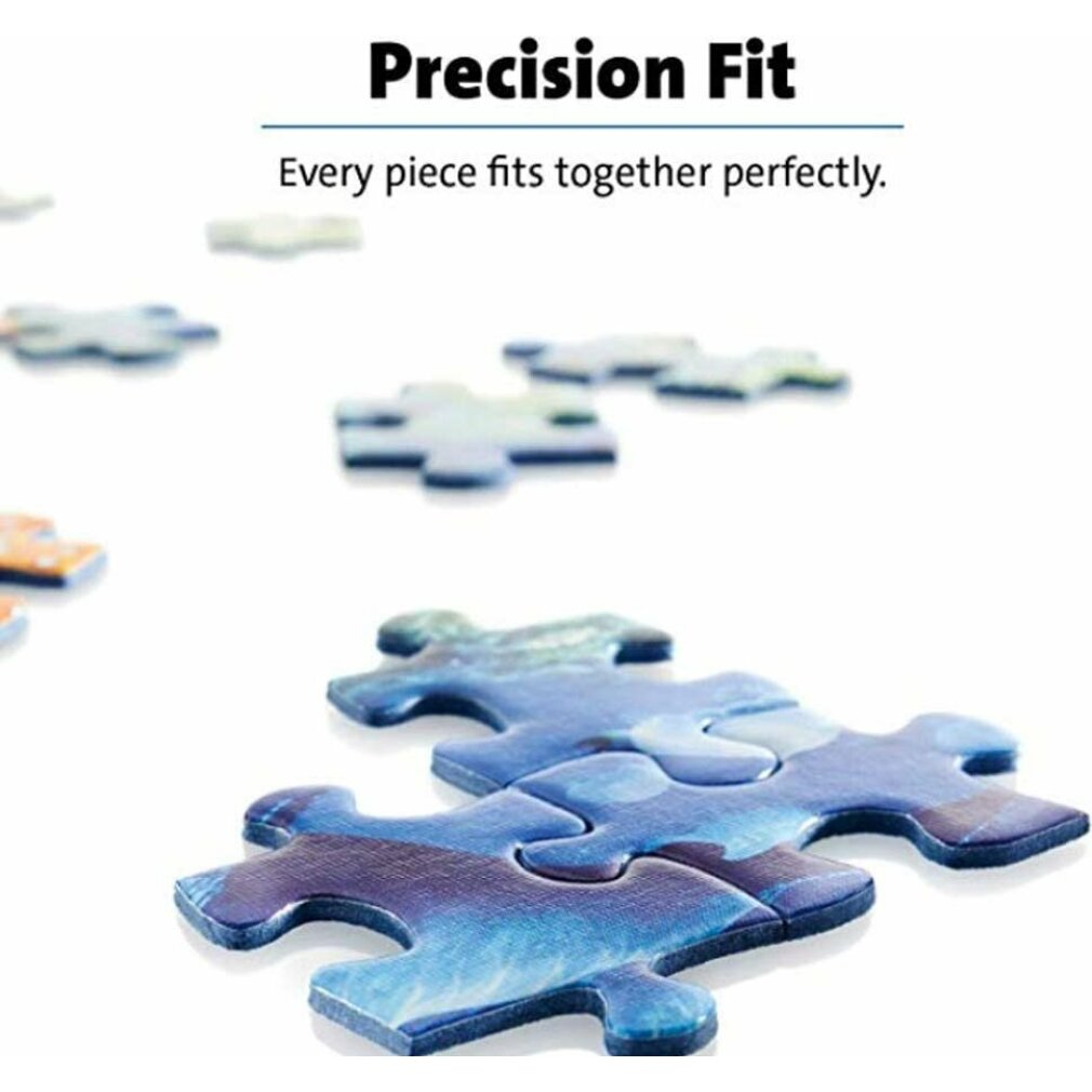 L'immagine mostra pezzi di puzzle blu e bianchi. Alcuni sono collegati, altri sparsi. Il testo dice "Precision Fit" e "Every piece fits perfectly."