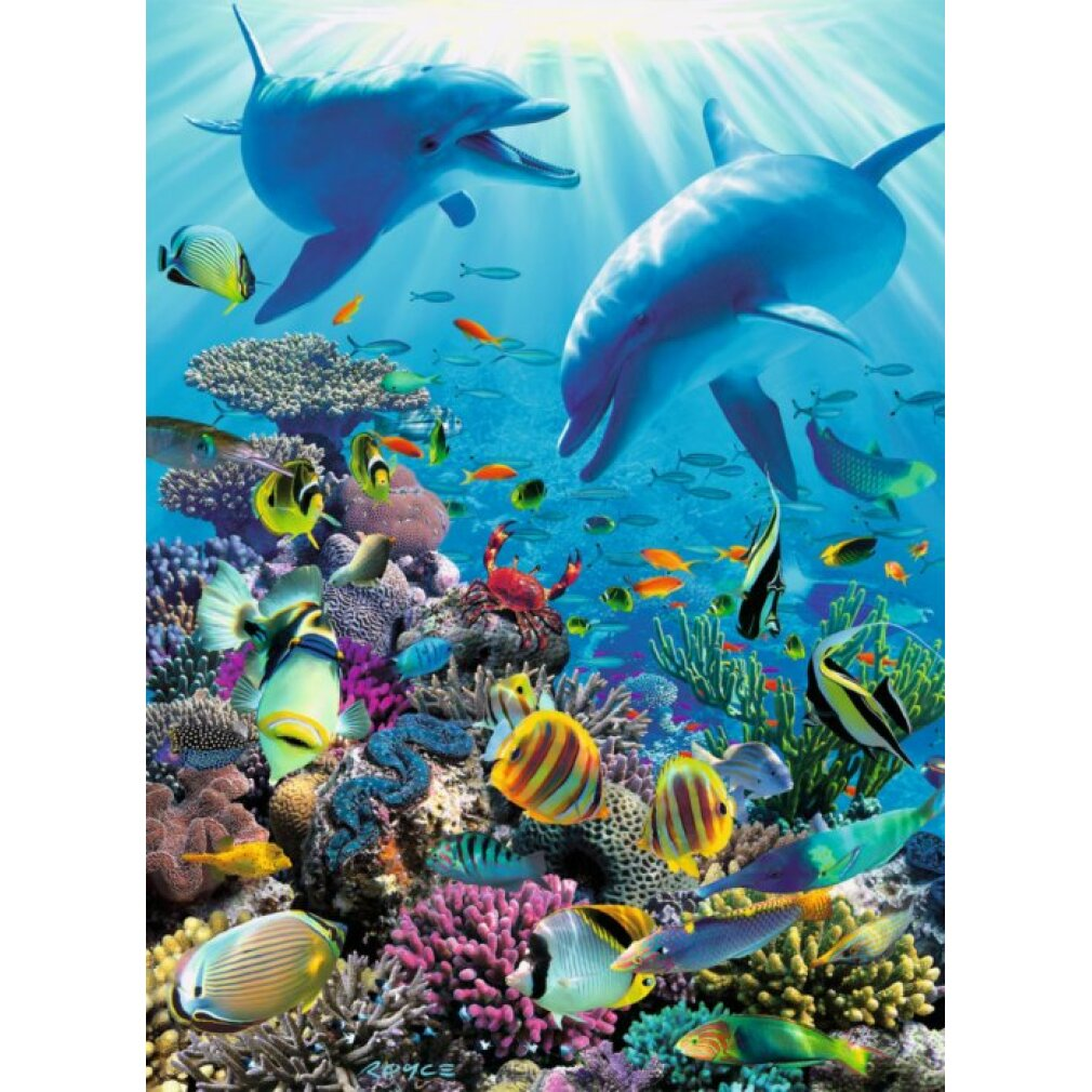 Due delfini nuotano sopra una colorata barriera corallina brulicante di varie specie di pesci. La luce del sole filtra attraverso l'acqua.