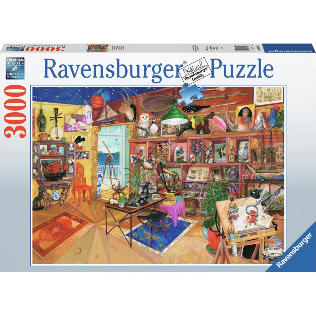 Ravensburger 3000-teiliges Puzzle. Szene eines Zimmers voller Objekte, darunter eine Katze, ein Schiff, eine Eule und ein Teleskop.