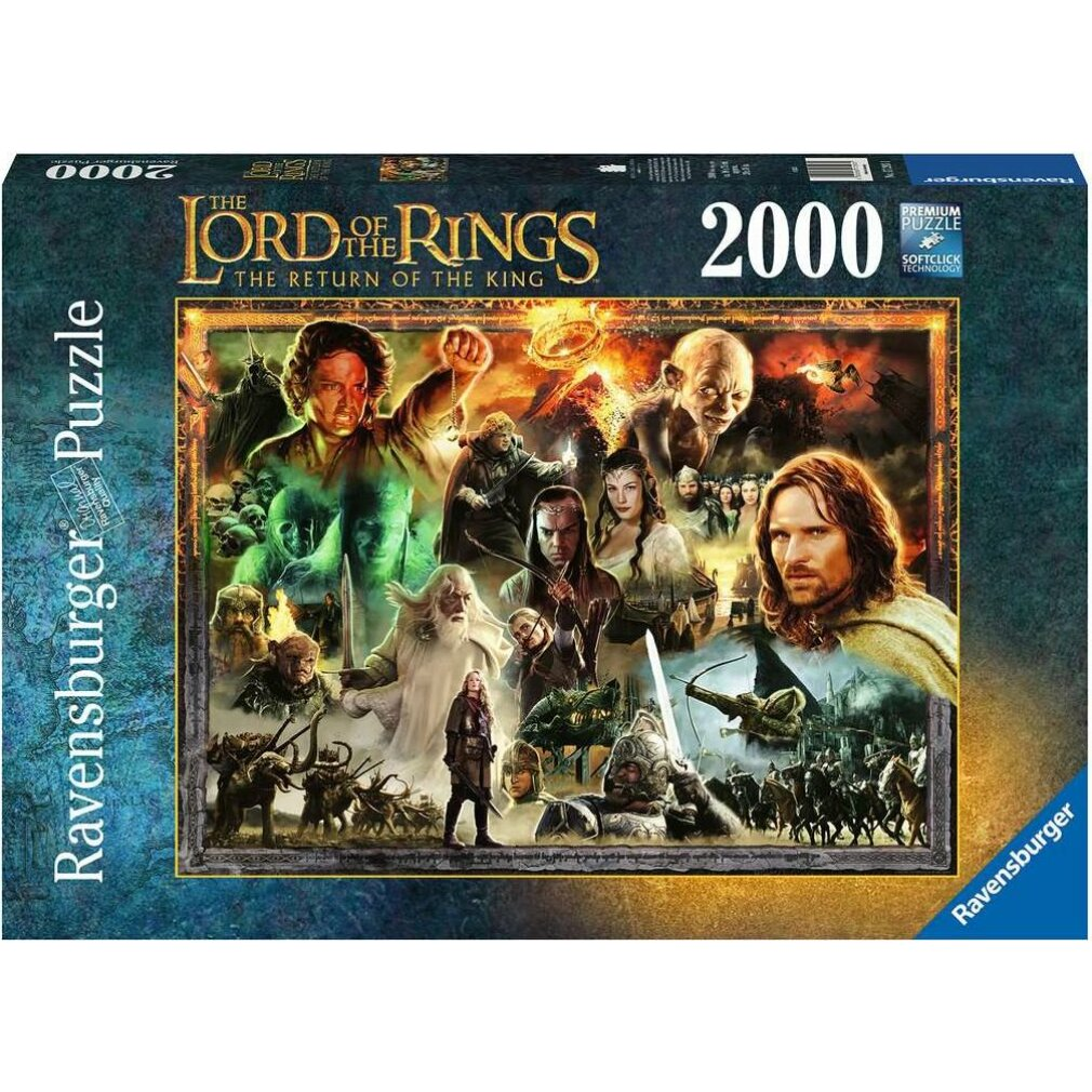 Scatola del puzzle de Il Signore degli Anelli. Presenta i personaggi del film, tra cui Frodo, Gandalf e Aragorn, con uno sfondo infuocato.