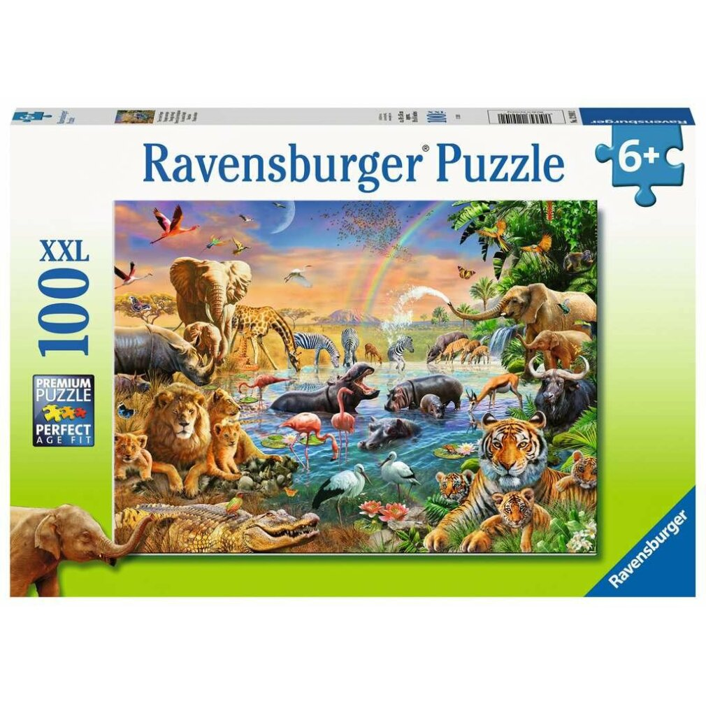 Scatola di puzzle con molti animali: elefanti, leoni, tigri, giraffe, ippopotami, zebre e uccelli, sotto un arcobaleno.