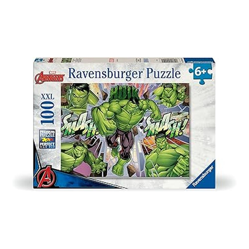 Scatola puzzle con immagine di Hulk, pelle verde, pantaloni viola, testo 'Smash'. Ravensburger, 100 XXL, età 6+.