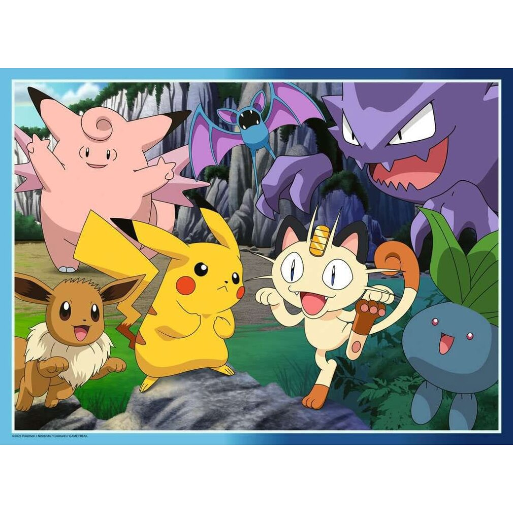 Eine Gruppe von Pokémon-Charakteren wird gezeigt. Pikachu, Mauzi und andere sind im Vordergrund. Im Hintergrund sind Berge und andere Pokémon zu sehen.