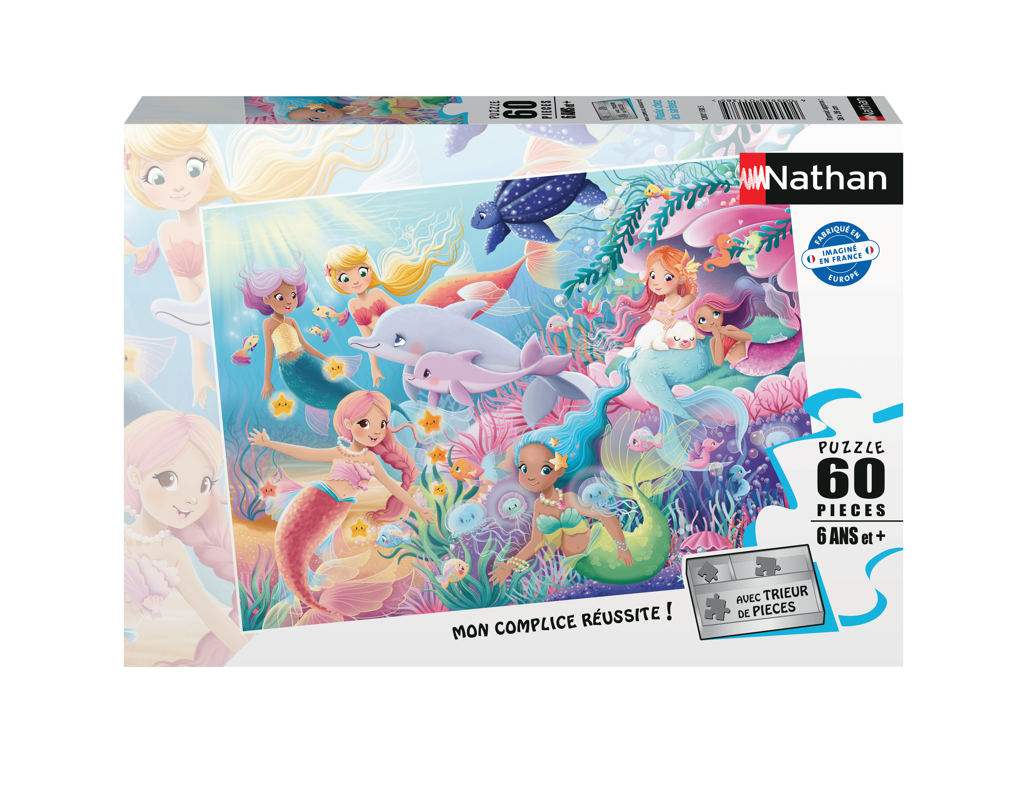 Puzzledose mit Meerjungfrau-Szene. Meerjungfrauen, Delfine, Fische und andere Meereskreaturen in einer Unterwasserwelt.