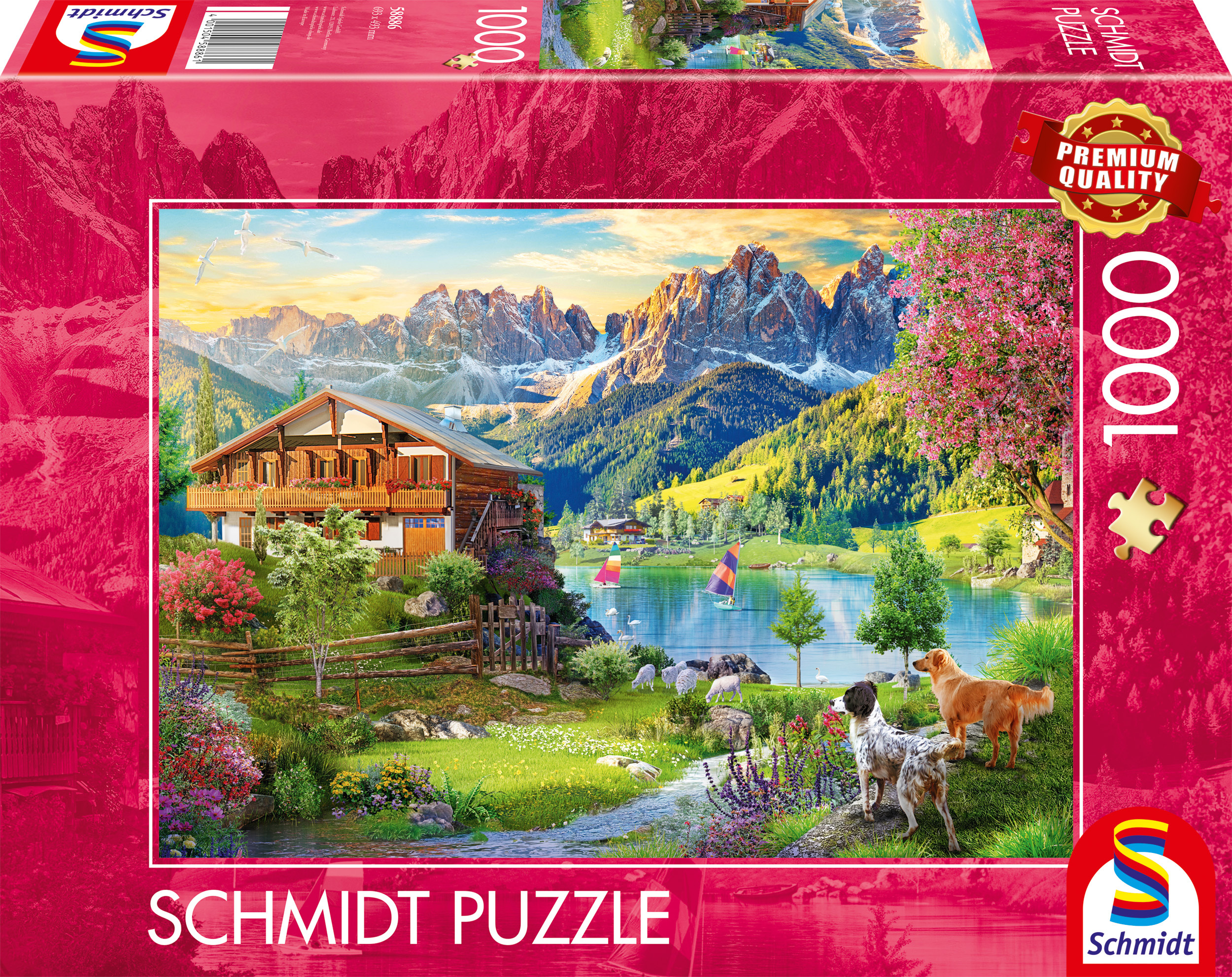 Puzzleszene: Haus am See, Berge im Hintergrund, Hunde, Schafe, Boote, Bäume und Blumen.