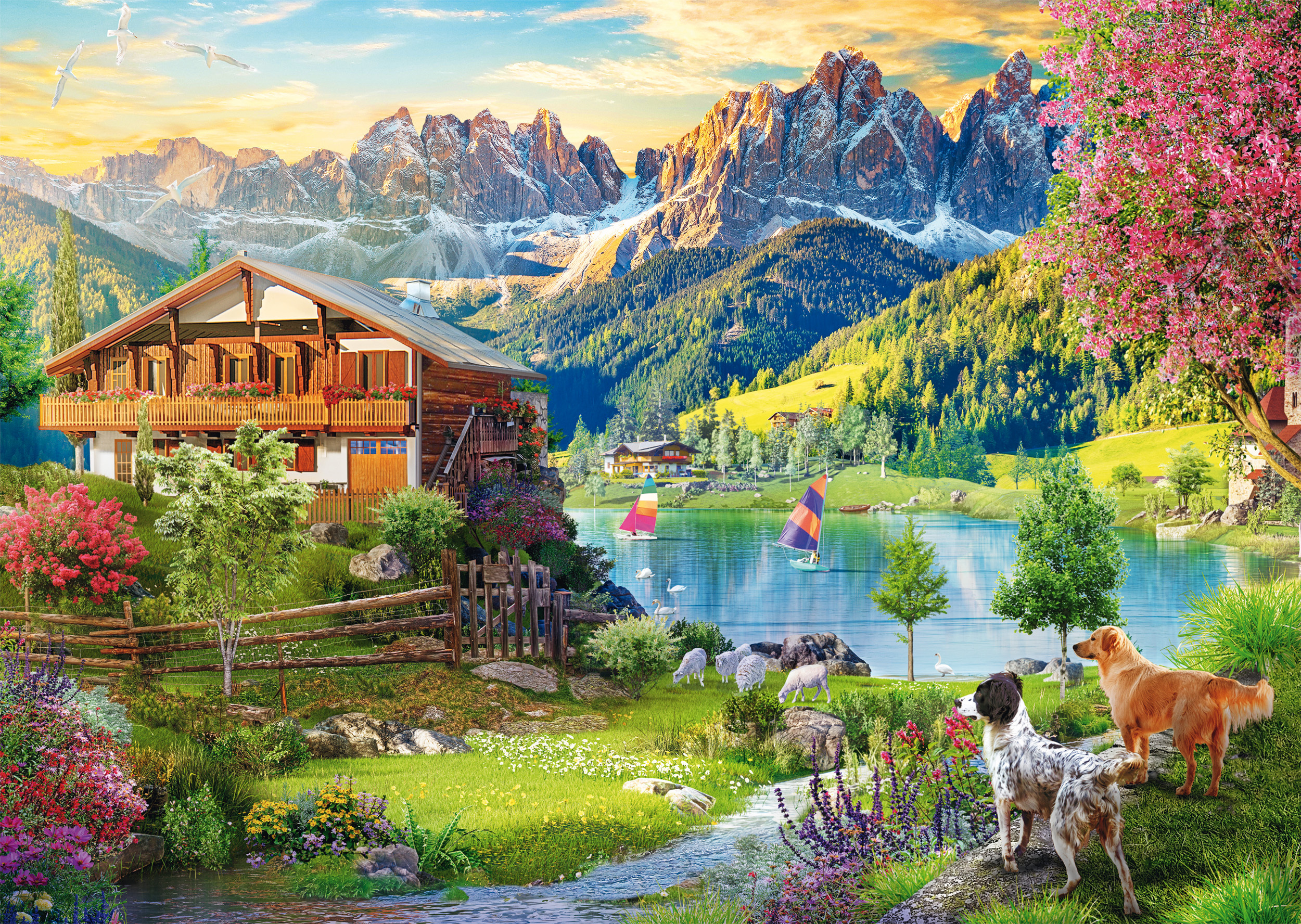 Landschaft mit Haus, See, Bergen und Hunden. Segelboote und Schafe sind auf dem See.