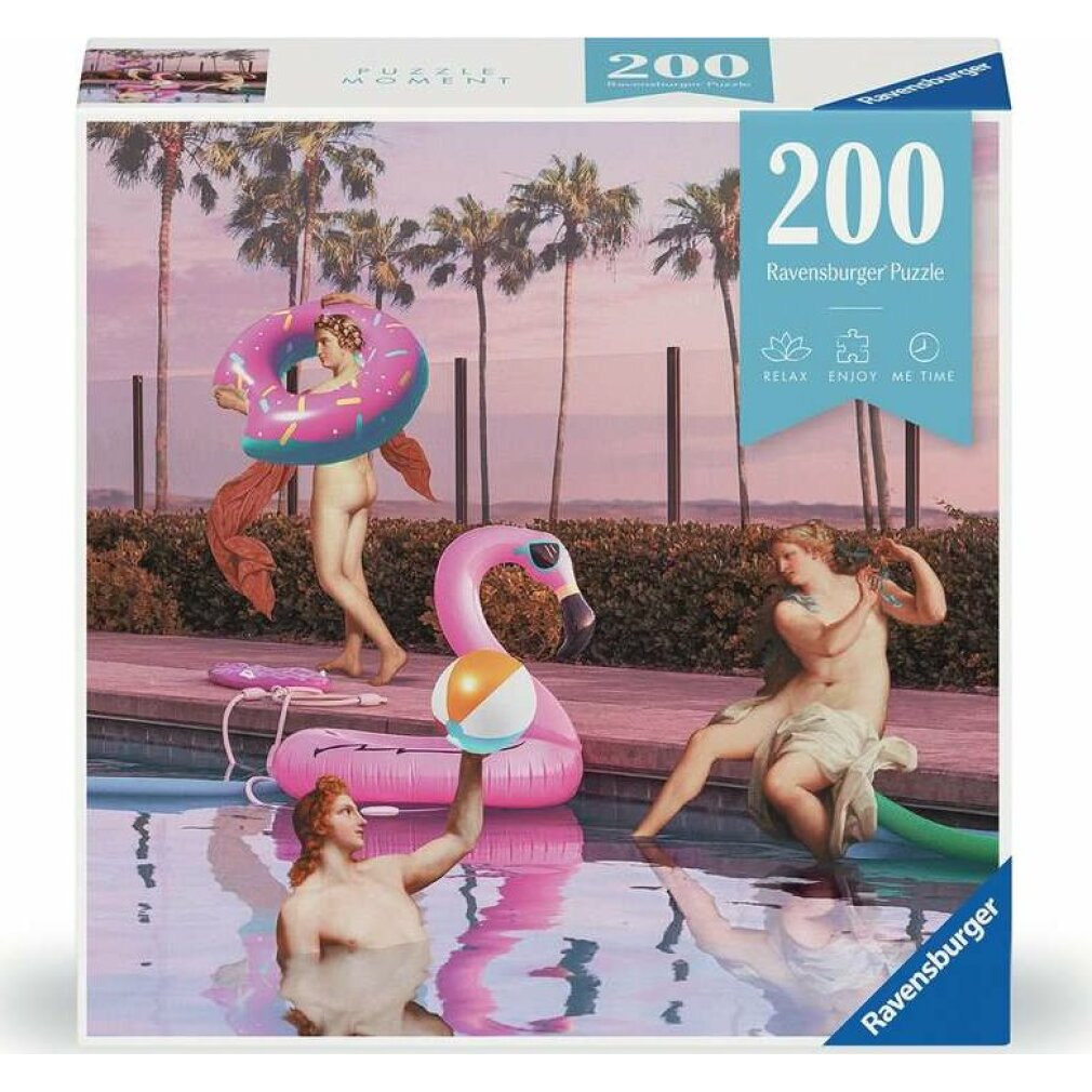 Scatola di puzzle con opere d'arte di statue in una piscina con fenicottero gonfiabile e ciambella. Palme sullo sfondo.