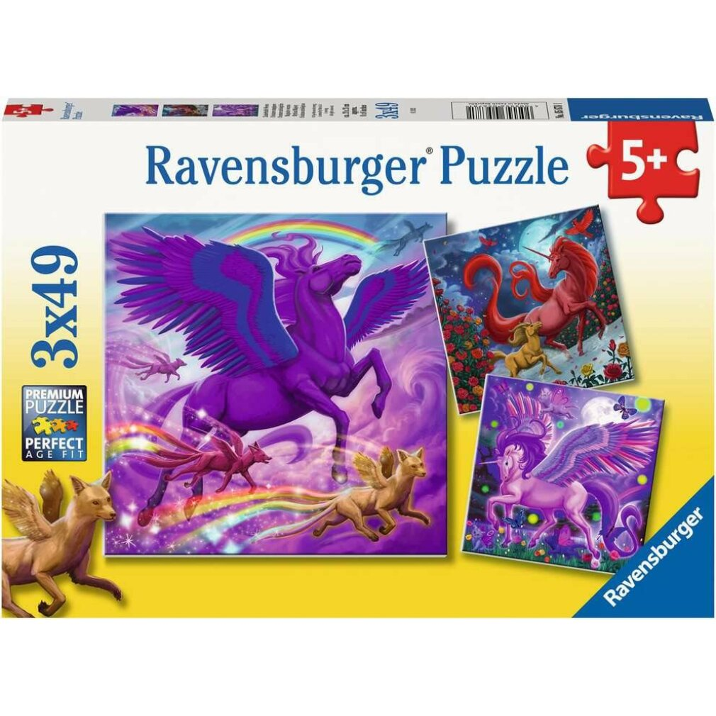 Scatola puzzle Ravensburger. Raffigura un cavallo alato viola con arcobaleno, cavalli alati rossi e un cavallo alato rosa sotto una luna.