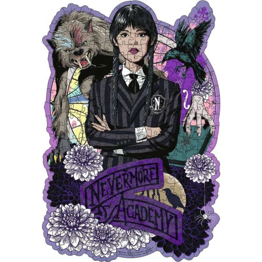 Un puzzle con Mercoledì Addams, un lupo e un corvo. Il logo Nevermore Academy è in basso, circondato da fiori.