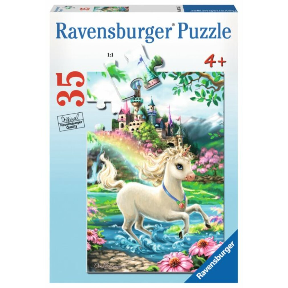 Scatola puzzle con unicorno, arcobaleno, castello e fiori. È un puzzle Ravensburger per bambini dai 4 anni in su con 35 pezzi.