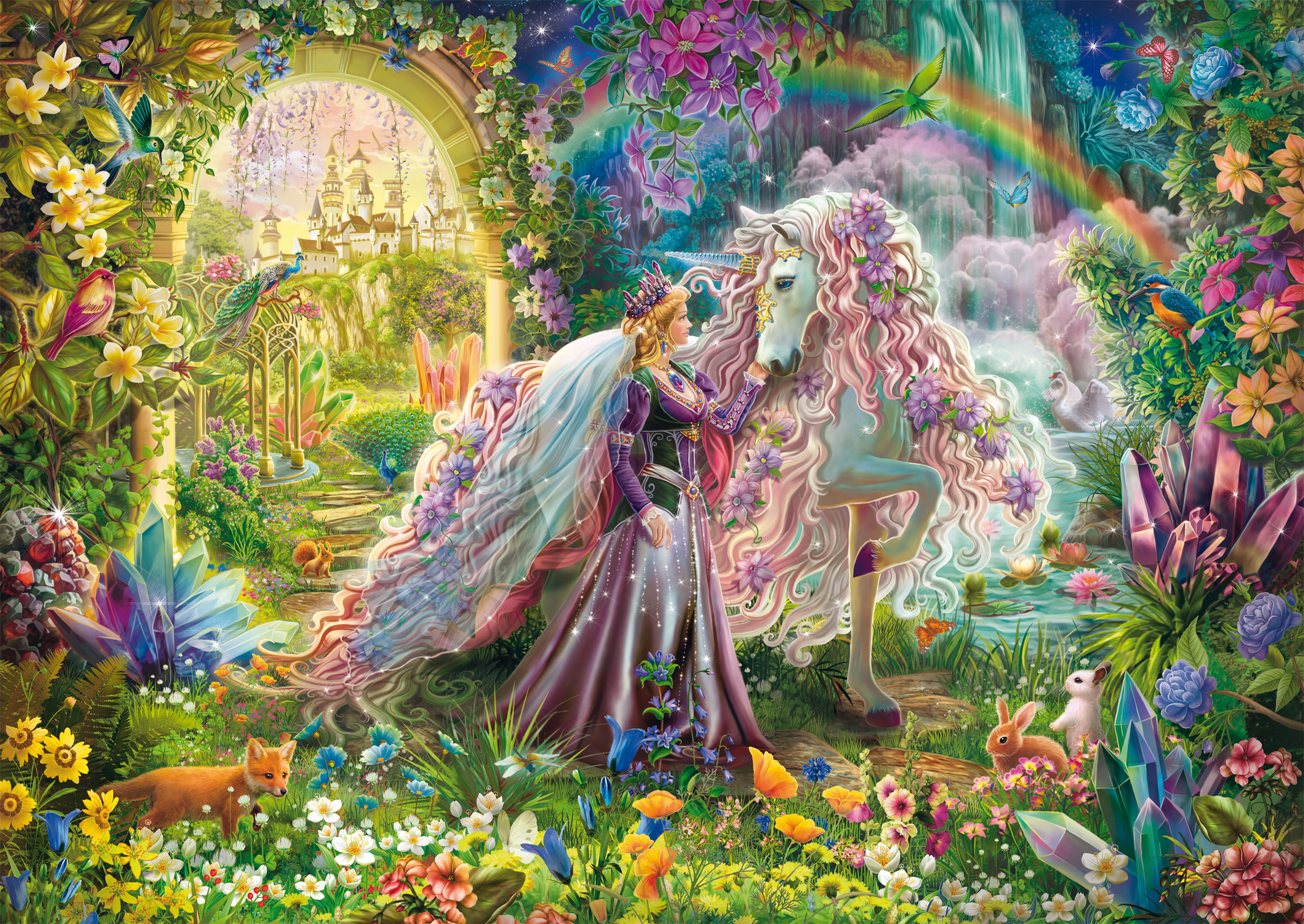 Eine Prinzessin mit einem Einhorn in einer magischen Waldszene mit Wasserfall, Regenbogen und Wildtieren.