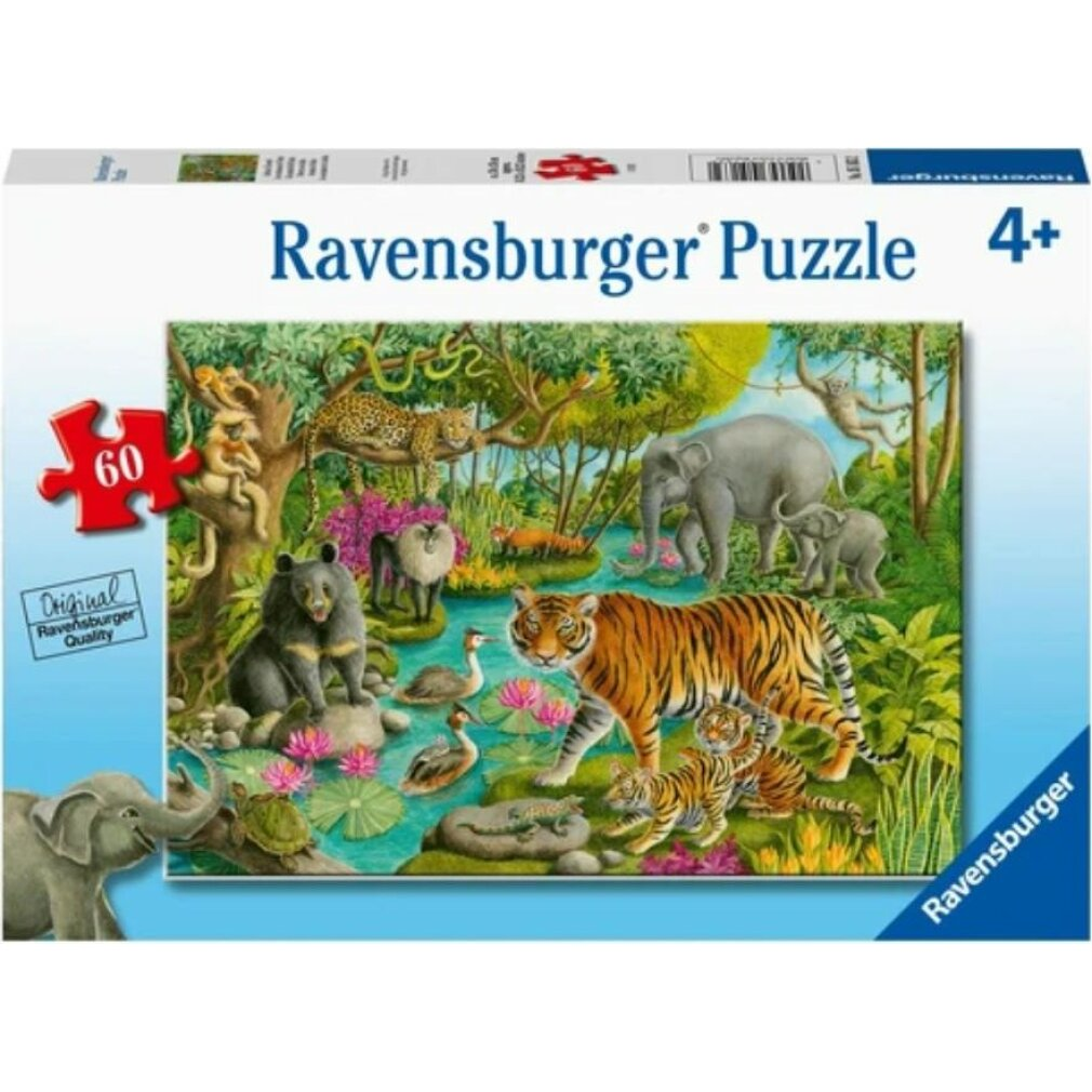 Una scatola di puzzle Ravensburger mostra animali della giungla: tigri, elefanti, scimmie, un orso e un leopardo. Include un pezzo rosso.