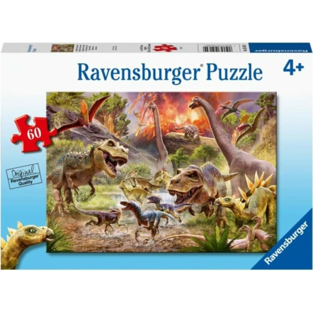 Scatola di puzzle con illustrazione di dinosauri: T-Rex, Brachiosauri e rettili volanti in una scena preistorica con un vulcano.