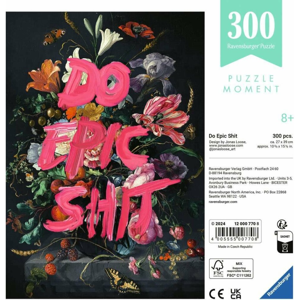 Scatola di puzzle con natura morta floreale e le parole 'DO EPIC SHIT' in rosa, con dettagli del puzzle a destra.