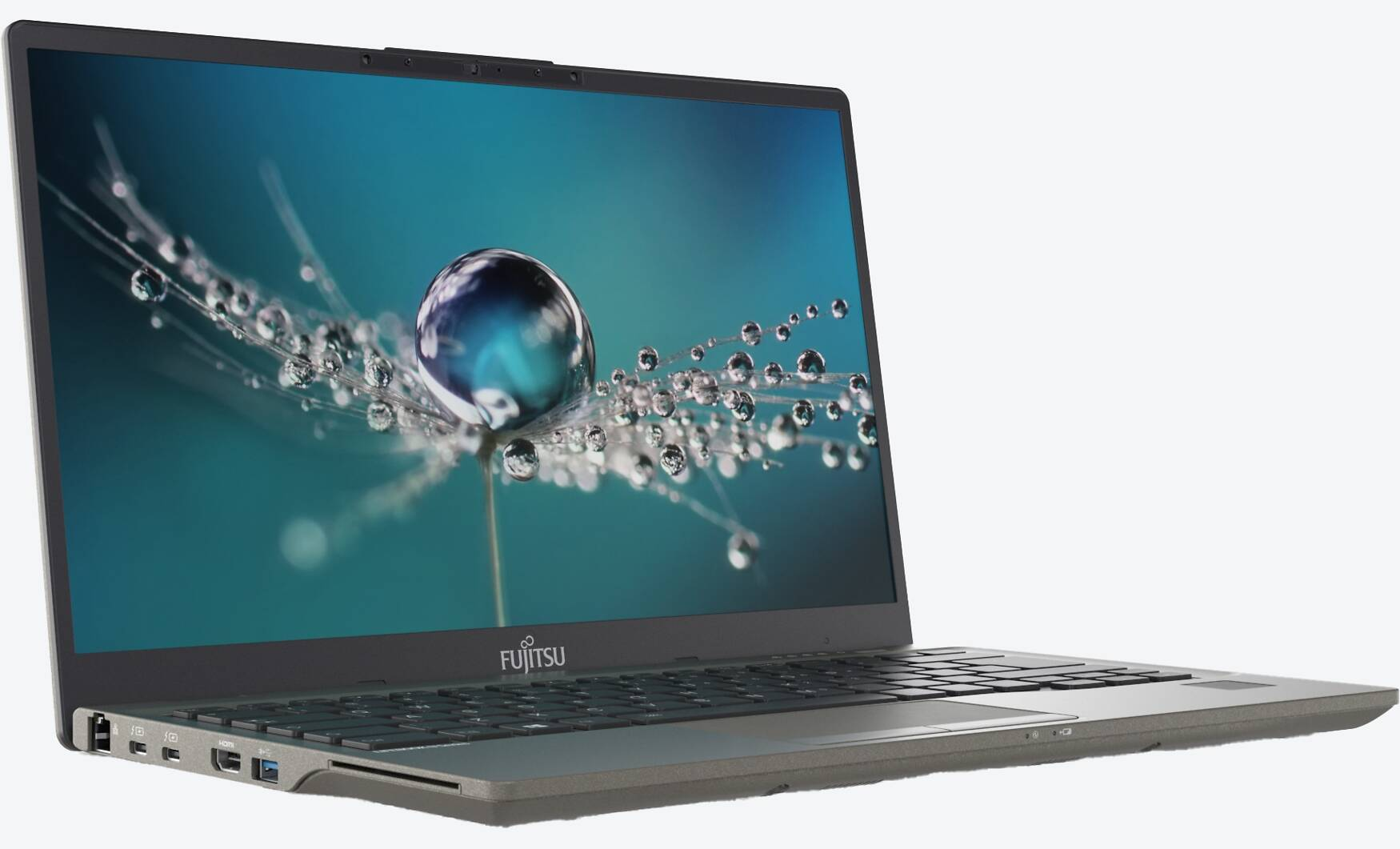 Laptop mit Bildschirm, der ein Wassertropfenbild zeigt. Der Laptop ist grau, das Fujitsu-Logo ist sichtbar.