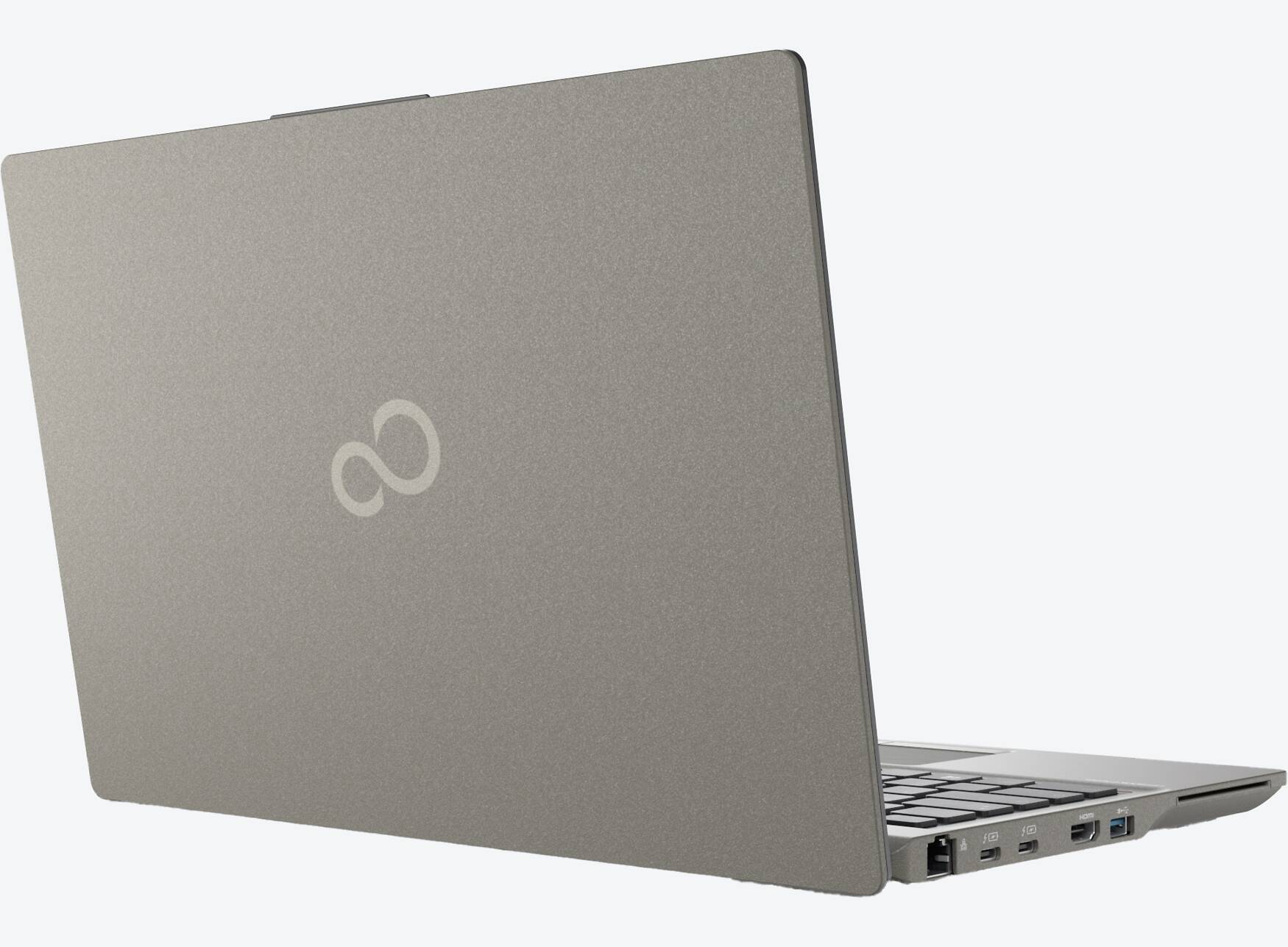 Ein grauer Fujitsu-Laptop ist geöffnet. Der Deckel hat ein Logo. Tastatur und Anschlüsse sind sichtbar.