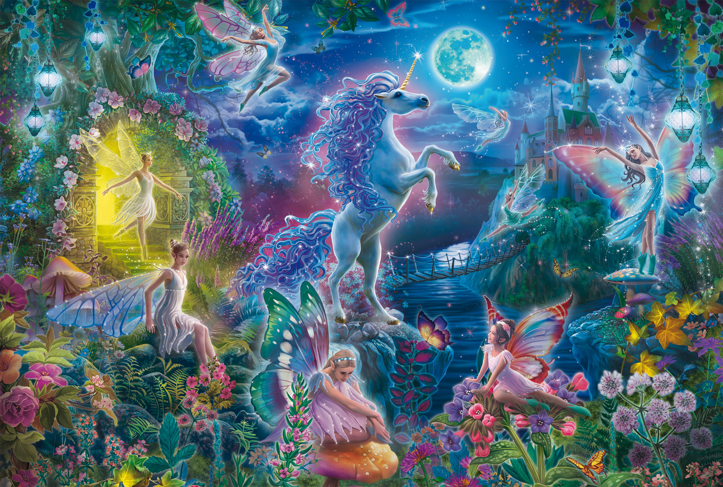 Fantasieszene: Einhorn, Feen und Schloss unter Vollmond. Bunte Schmetterlinge und Blumen.