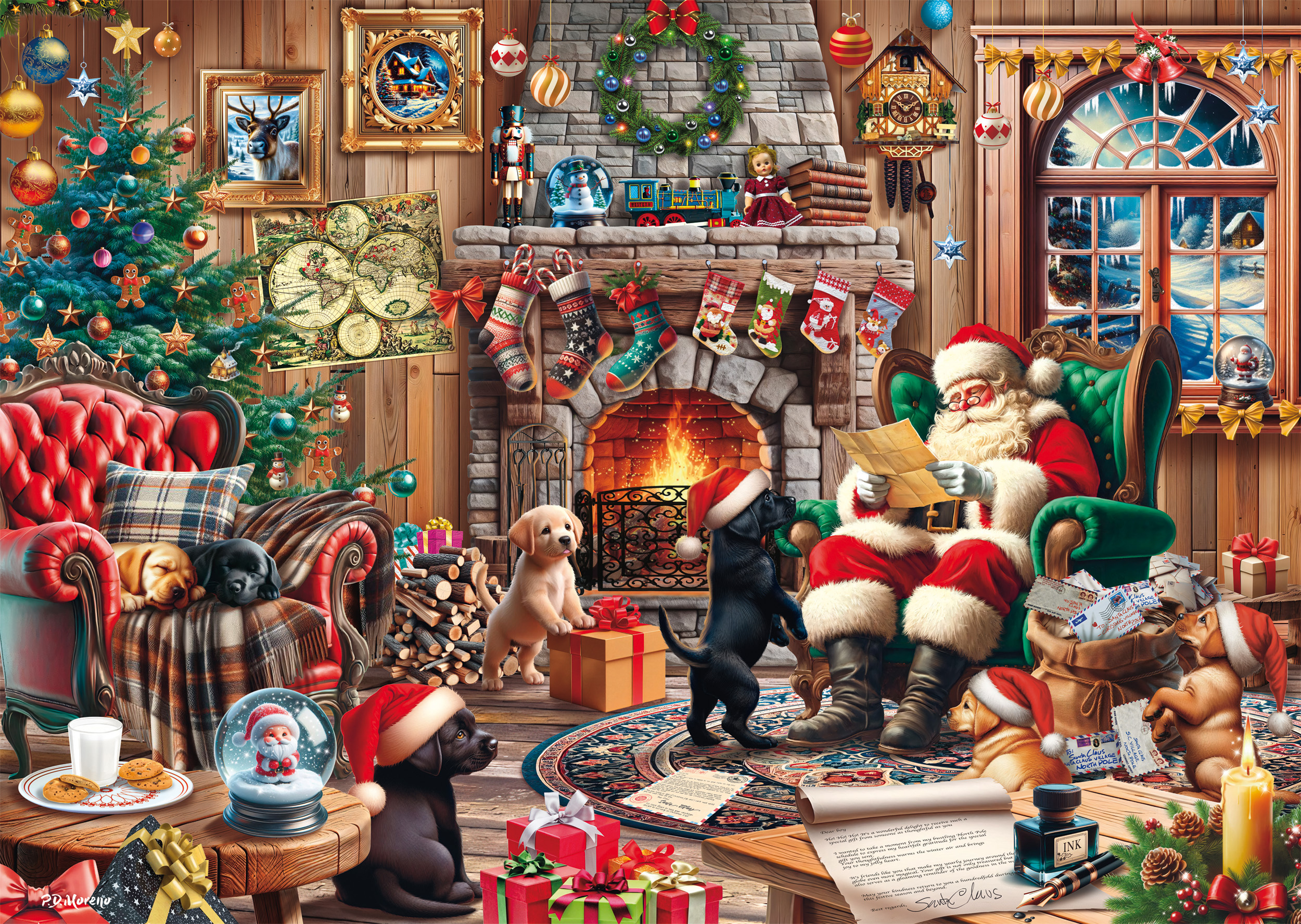 Weihnachtsmann liest, umgeben von Welpen, Geschenken, einem Weihnachtsbaum und einem Kamin.