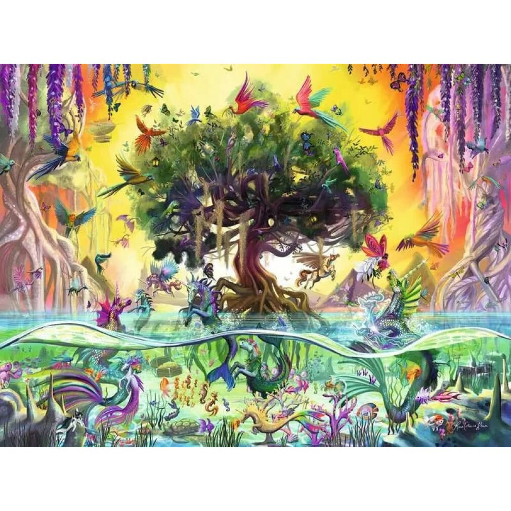 Scena fantasy con un albero, uccelli e creature mitiche. Scena subacquea con cavallucci marini, pesci e sirene. Colori vivaci e cielo soleggiato.