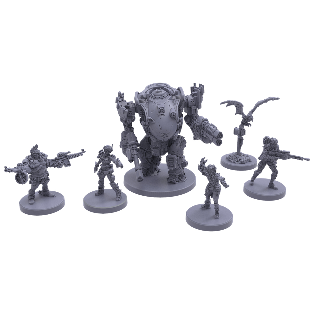 Figuras grises en miniatura: un meca, soldados y una criatura alada. Se alzan sobre bases circulares contra un fondo blanco.