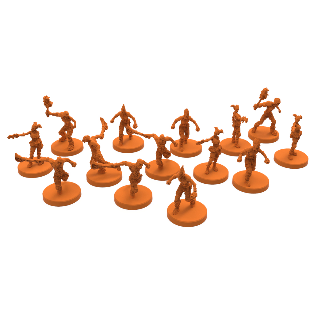 Figuras naranjas de guerreros sobre bases. Algunos sostienen armas. Están dispuestos sobre un fondo blanco, sugiriendo una configuración de juego.