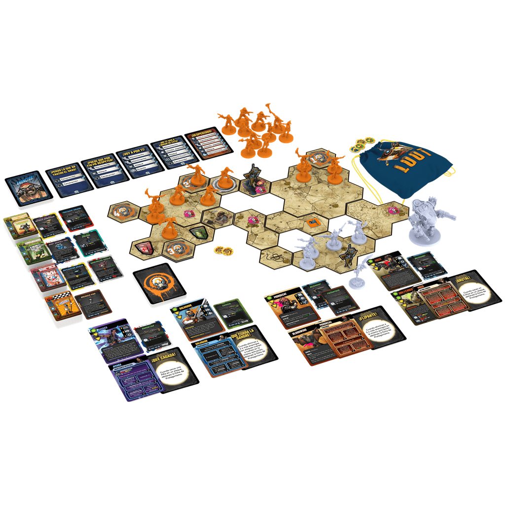 Una configuración de juego de mesa con cartas, piezas de juego, dados y un tablero. Figuras naranjas y grises están dispuestas en el tablero.