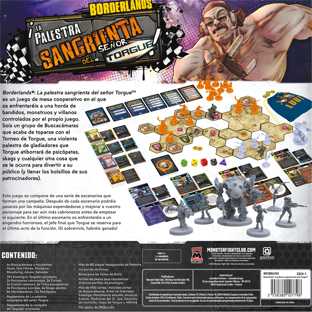 Caja de juego de mesa con personajes, tablero, cartas y dados. El título es 'Borderlands: Señor Torgue'.