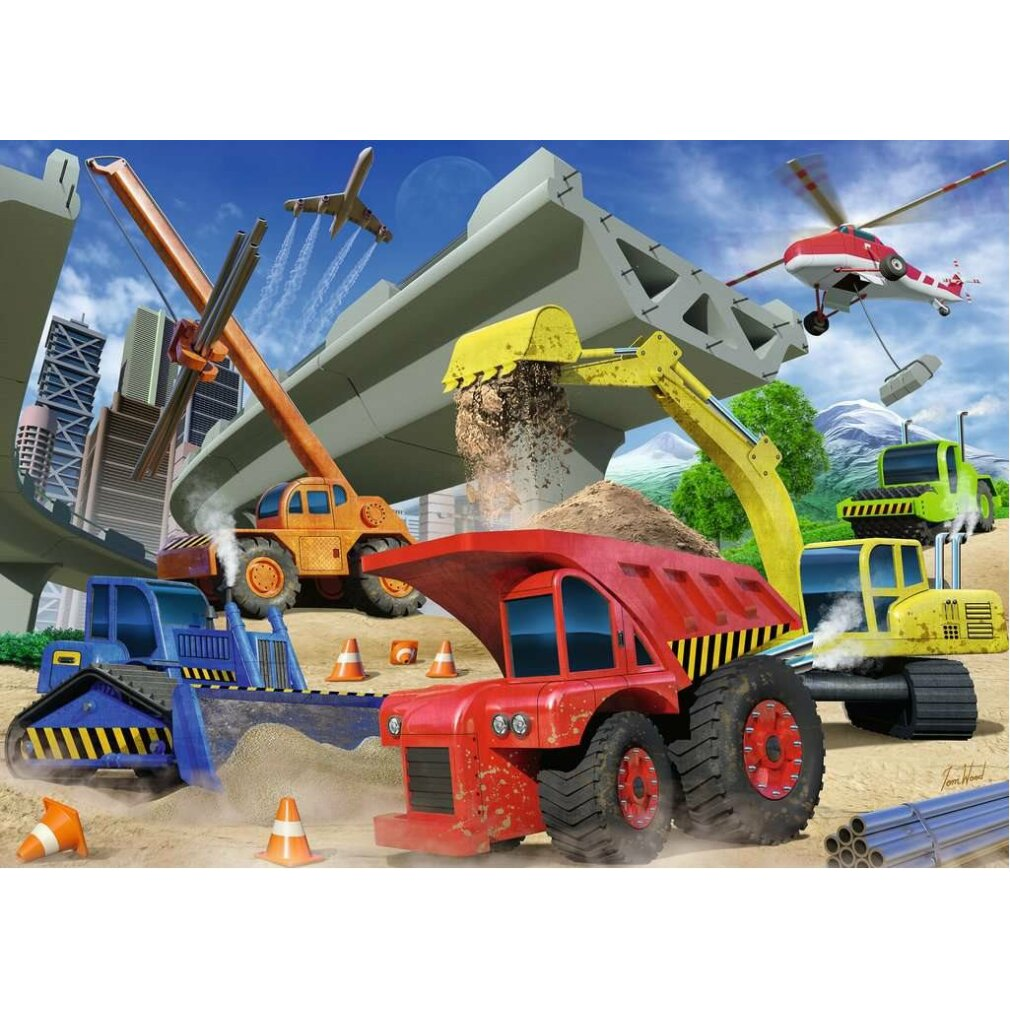Scena di costruzione con vari veicoli: escavatore, bulldozer, autocarro con cassone ribaltabile, elicottero e aereo, che lavorano sotto un ponte.