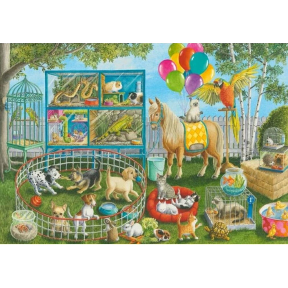 Un'illustrazione colorata raffigura vari animali domestici: cani, gatti, un pony, un pappagallo e altri piccoli animali, con gabbie e palloncini.