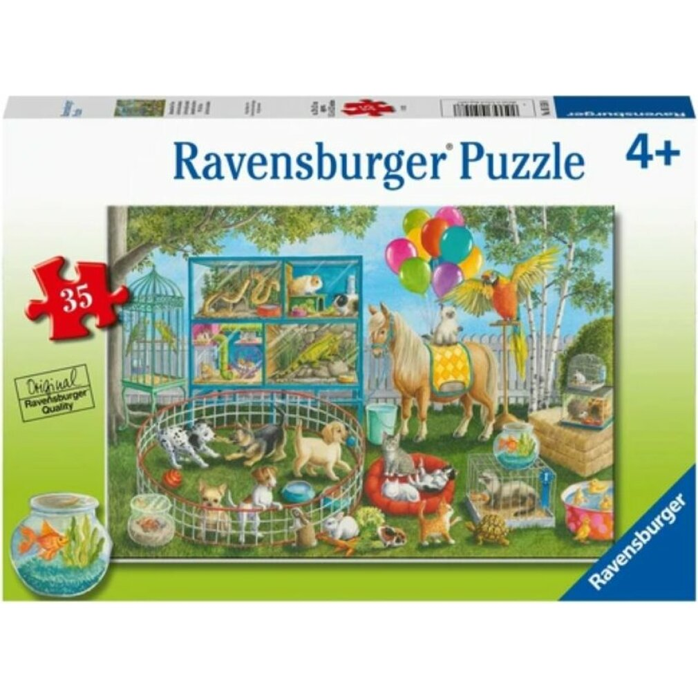 Scatola puzzle con animali: cavallo, cane, gatto, pappagallo, pesce e altri animali domestici. Palloncini colorati e sfondo verde.