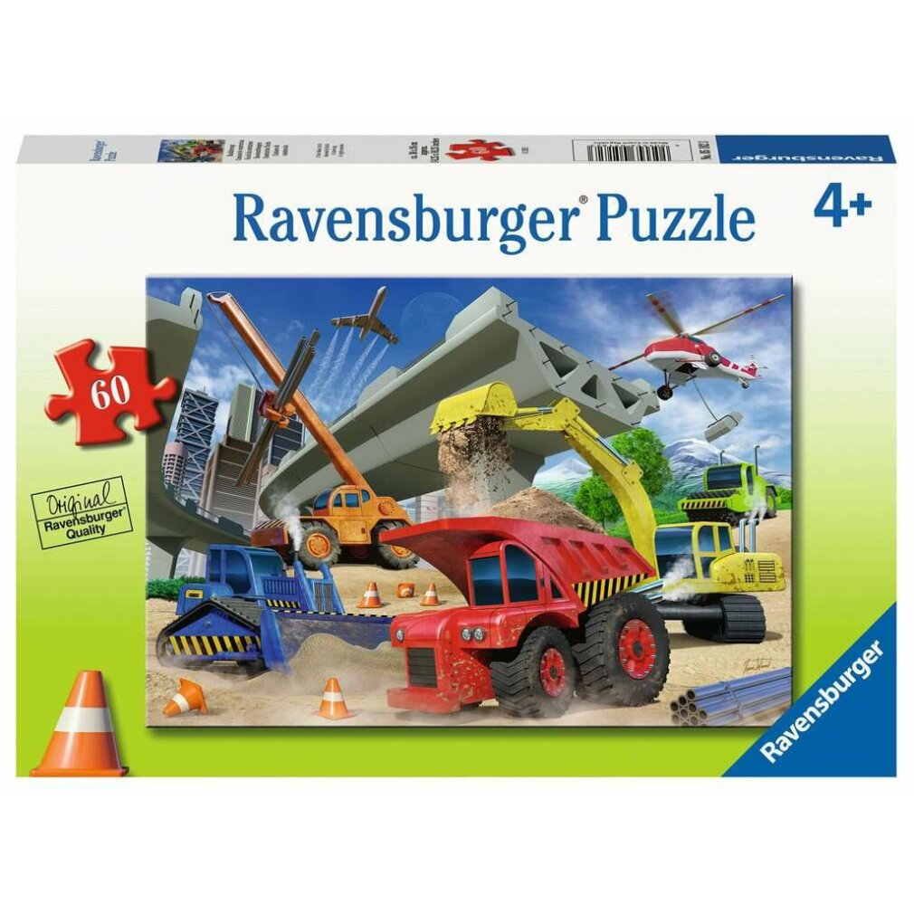 Scatola puzzle con immagine di cantiere. Include camion, escavatori, un elicottero e un ponte. 60 pezzi, 4+ anni.